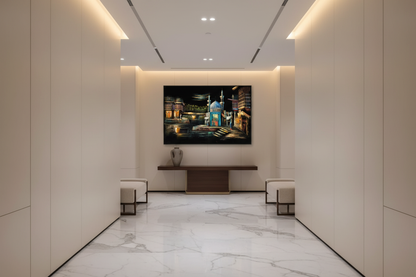 Iraqi old city mosque canvas art in upscale hallway — lifestyle interior mockup