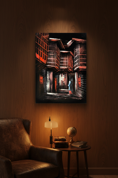 Red Alleyway at Night oil painting on dark walnut brown wall in masculine study with leather armchair — no frame, warm moody lifestyle art photography