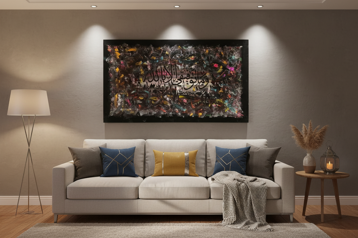 Wa Ma Tawfiqi Illa Billah canvas displayed in a modern living room above sofa