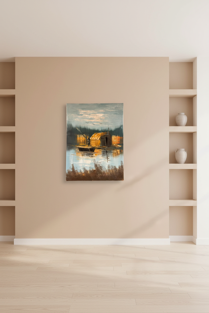 Marshland fisherman and reed hut oil painting hung on empty wall – frameless display