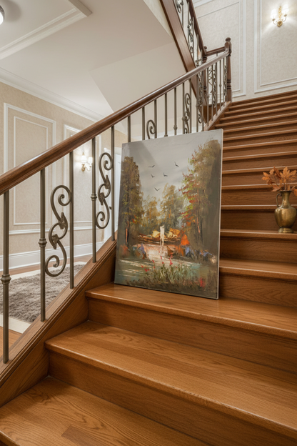 Forest woodland camp oil painting staged on luxury staircase ledge – no frame
