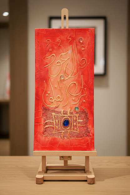 Islamic calligraphy red-orange canvas displayed on art stand