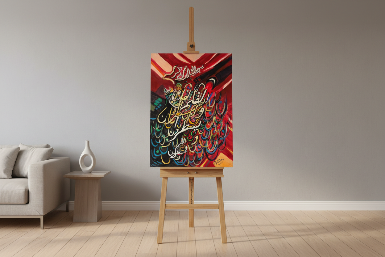 Crimson rays Islamic calligraphy canvas displayed on easel stand in modern living room