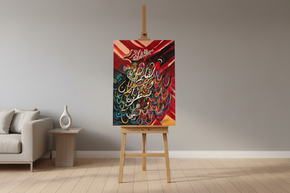 Crimson rays Islamic calligraphy canvas displayed on easel stand in modern living room