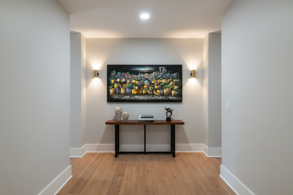 Terraced hillside city night scene canvas wall art displayed in elegant hallway