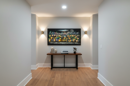 Terraced hillside city night scene canvas wall art displayed in elegant hallway