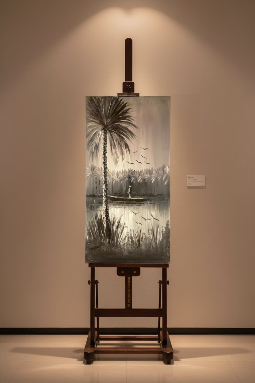 Silver Palms at Dusk oil painting displayed on art easel stand