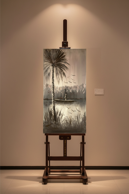 Silver Palms at Dusk oil painting displayed on art easel stand