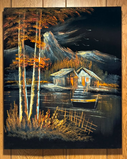 Mountain Lakeside Cabin Night Scene – Original Canvas Wall Art 20×24 in