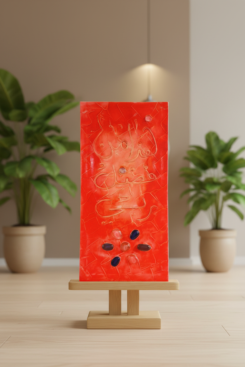 Islamic calligraphy orange-red canvas displayed on art stand