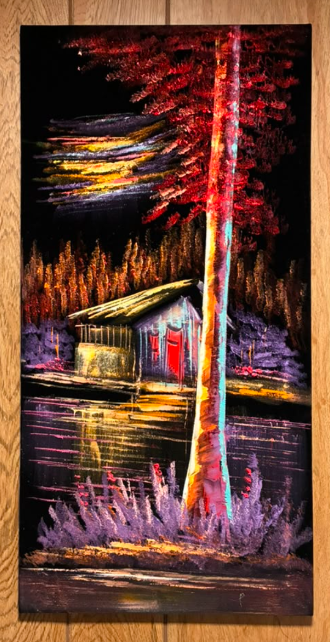 Cabin by the Lake – Original Acrylic Night Landscape Painting