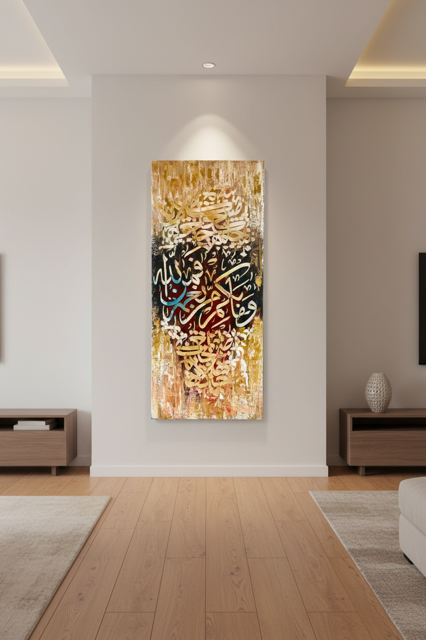 Wa Fabiayyi Ala Rabbikuma Surah Ar-Rahman calligraphy canvas wall art hung in a modern hallway, no frame, vertical format