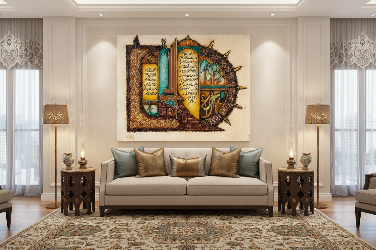 Islamic illuminated manuscript art displayed frameless in luxury living room interior