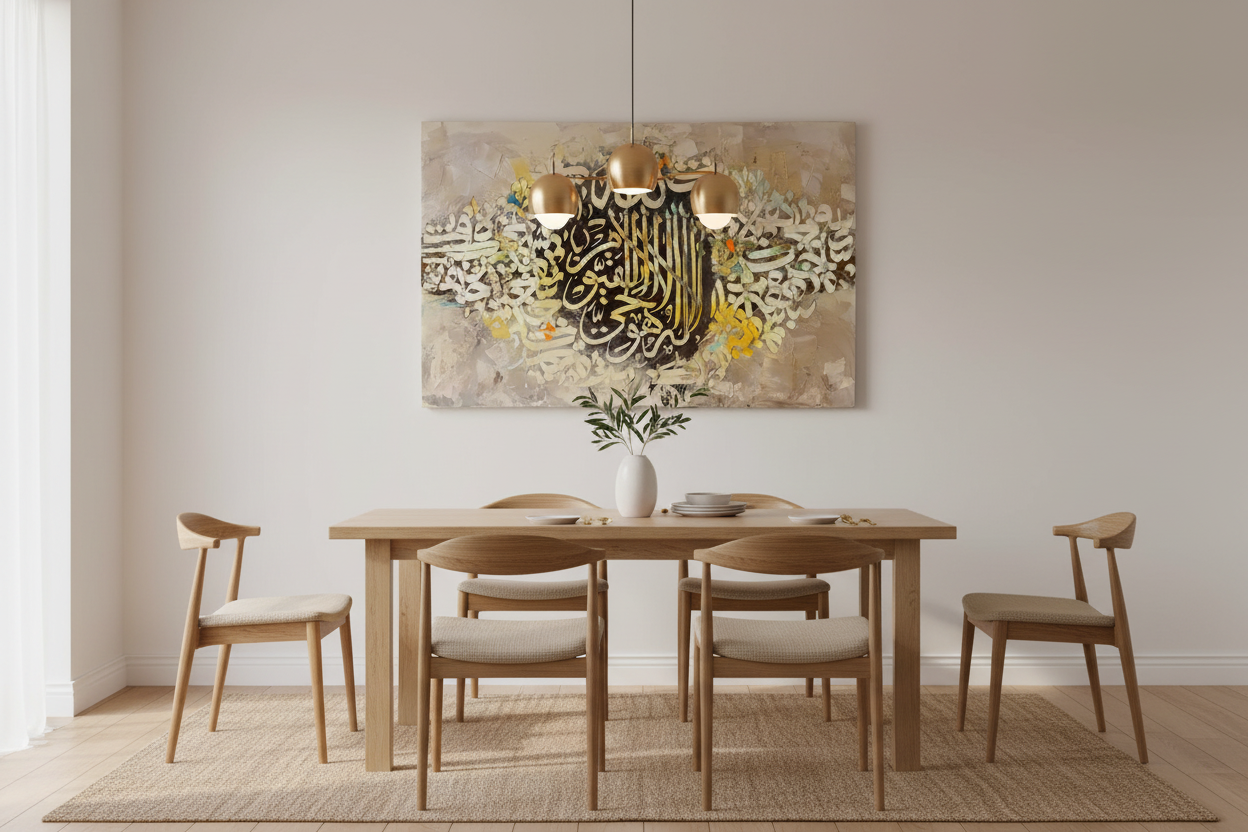 Ayat al-Kursi Islamic calligraphy canvas displayed in a dining area, no frame