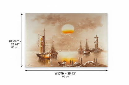 Dimension diagram of harbor sunset oil painting showing width 35.43 inches 90 cm and height 23.62 inches 60 cm on white background