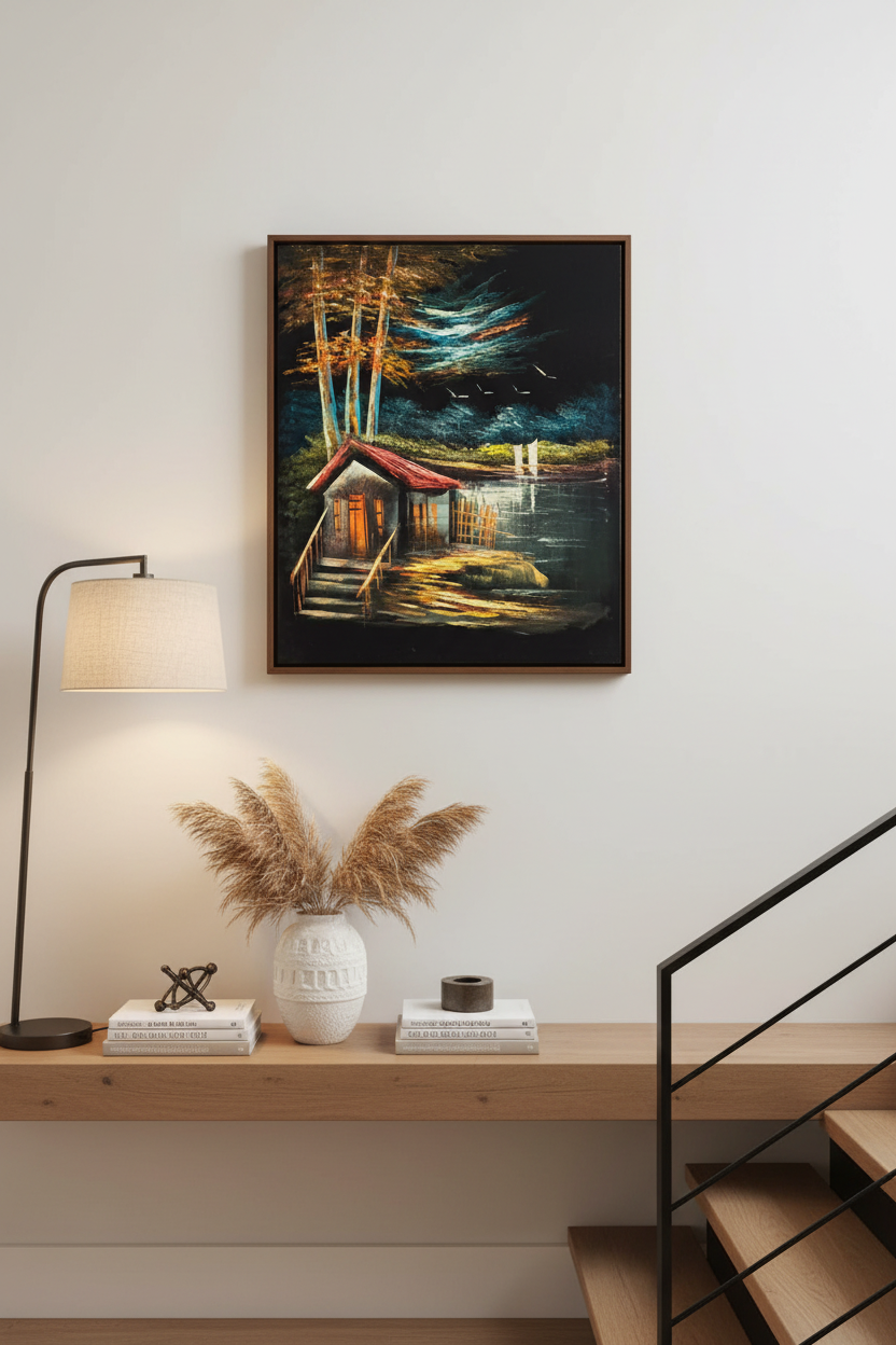 Lakeside cabin night scene canvas art staged on a modern home stairway wall