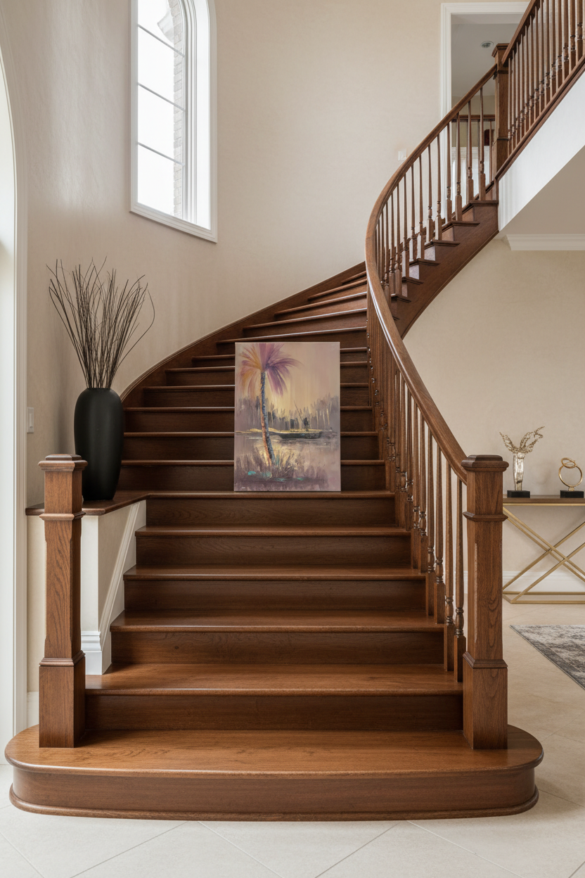 Purple palm tree and fisherman oil painting staged on luxury staircase ledge – no frame