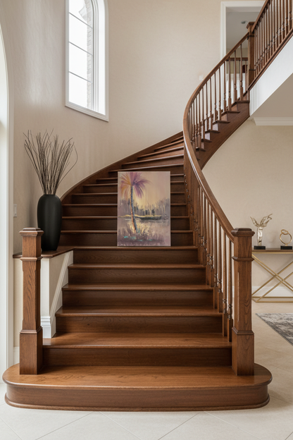 Purple palm tree and fisherman oil painting staged on luxury staircase ledge – no frame