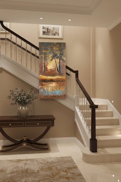 Dusk at the Woodland Fence oil painting mounted on staircase wall, no frame