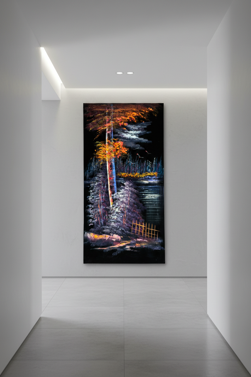 Autumn Birch painting displayed in modern hallway interior setting