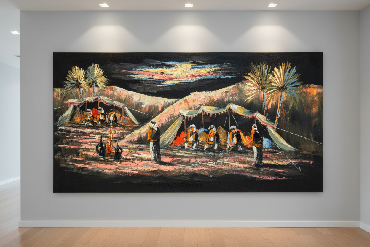 Bedouin Desert Camp painting displayed in modern hallway interior setting