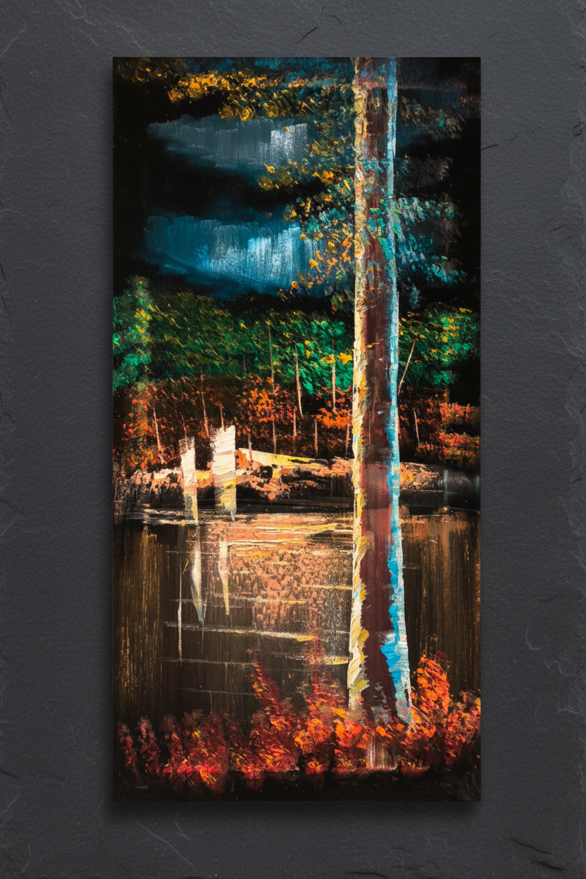 Forest Reflections painting displayed on charcoal slate grey wall