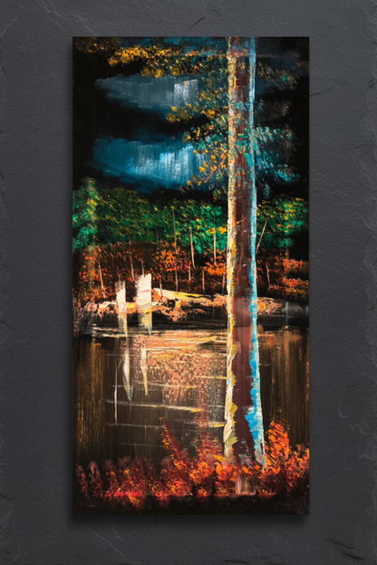 Forest Reflections painting displayed on charcoal slate grey wall
