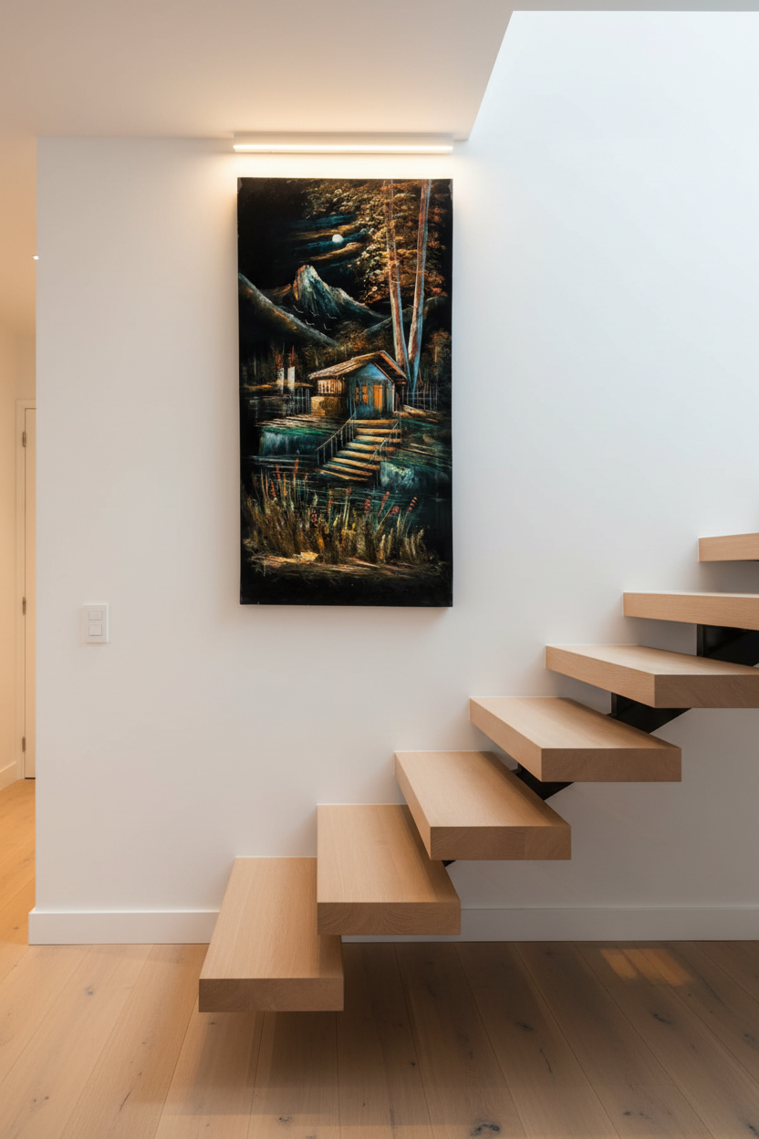 Moonlit mountain lakehouse painting displayed on staircase wall in luxury home interior