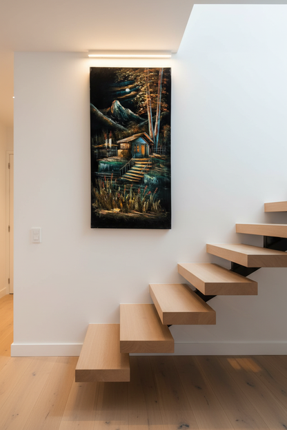 Moonlit mountain lakehouse painting displayed on staircase wall in luxury home interior