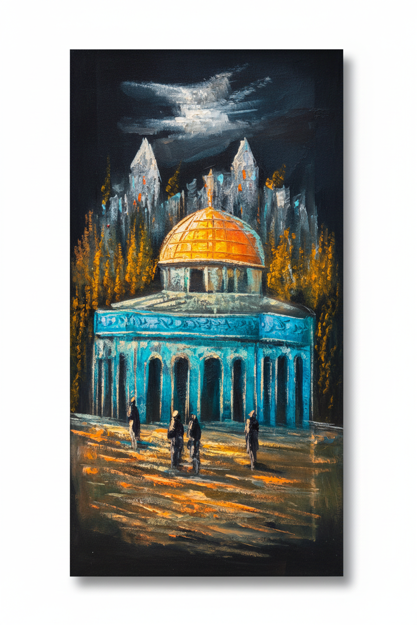 Dome of the Rock at Night with Figures original oil painting on white background with natural shadow