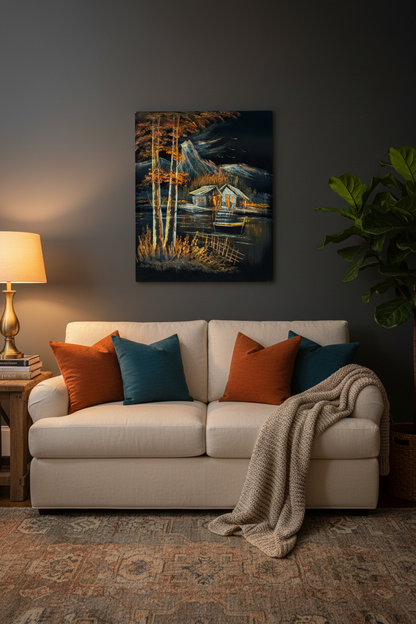 Mountain lakeside cabin night scene canvas art staged in a cozy living room sitting area above a sofa