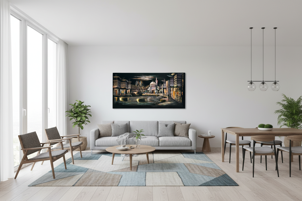 Middle Eastern bazaar canvas wall art displayed in open dining and sitting area