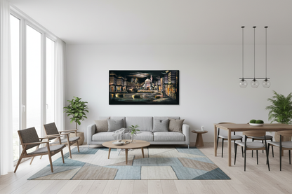 Middle Eastern bazaar canvas wall art displayed in open dining and sitting area