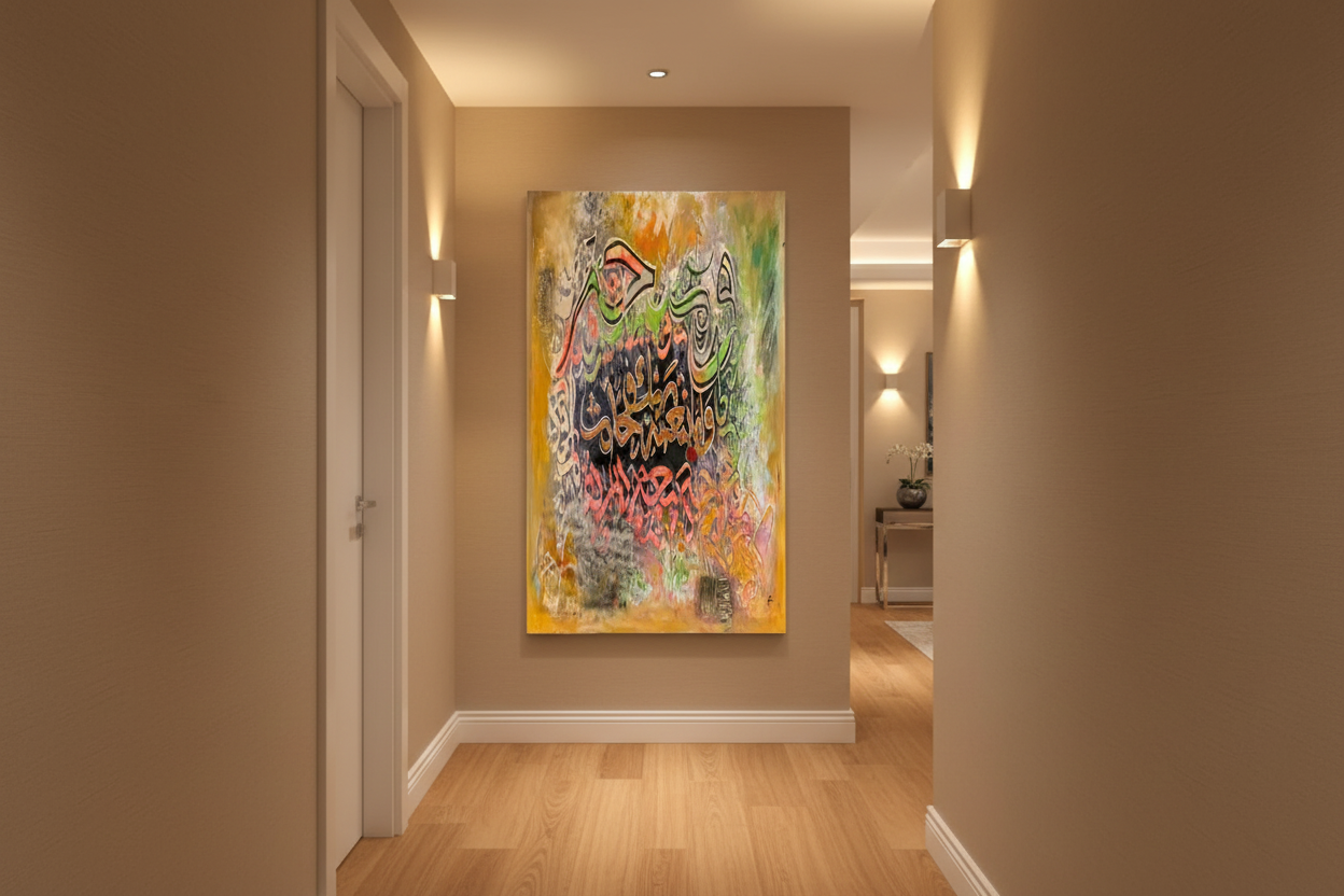 Wa Amma Bi Ni'mati canvas displayed in an elegant hallway