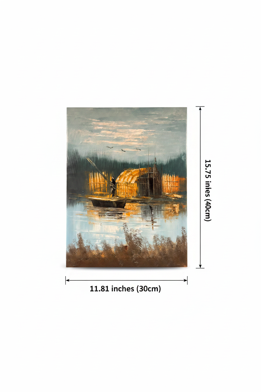 Dimension diagram: marshland fisherman and reed hut oil painting 11.81 inches wide by 15.75 inches tall on white background