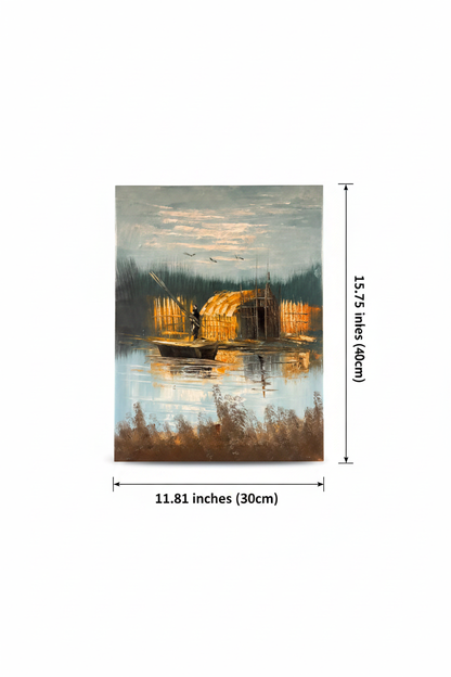Dimension diagram: marshland fisherman and reed hut oil painting 11.81 inches wide by 15.75 inches tall on white background