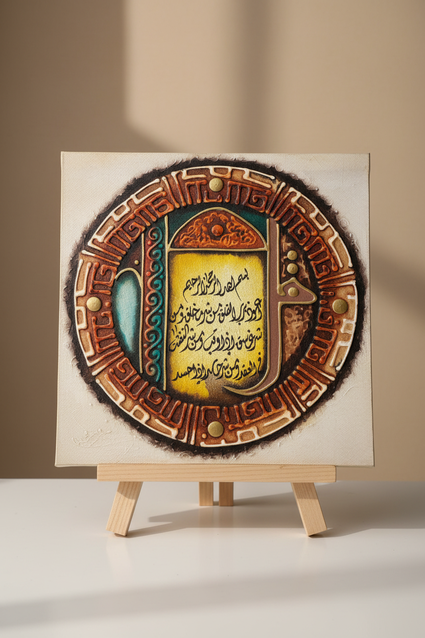 Surah Al-Falaq circular mandala canvas displayed on wooden art stand