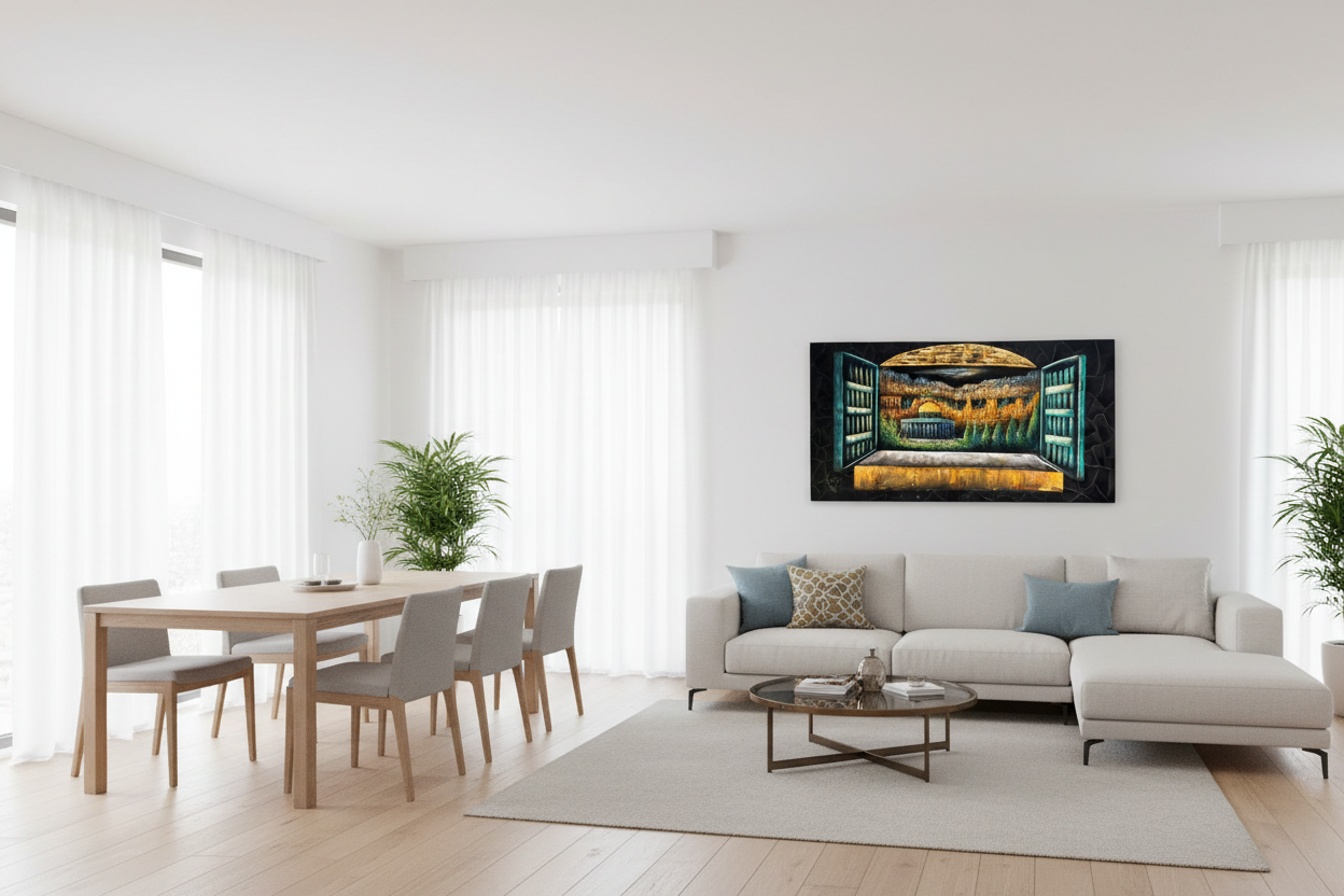Window view of the Dome of the Rock Jerusalem canvas wall art displayed in open dining and sitting area