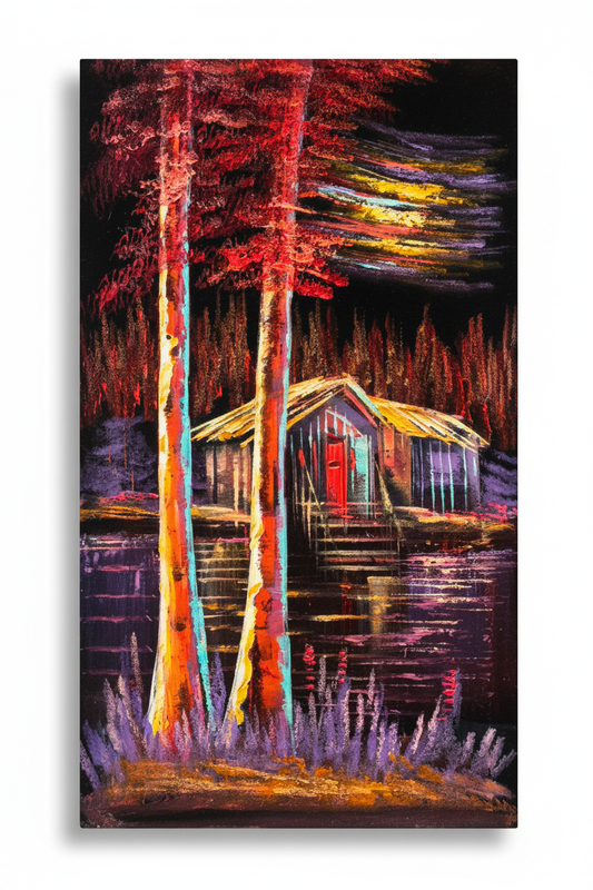 Red Forest Cabin by the Lake at Night original oil painting on white background with natural shadow