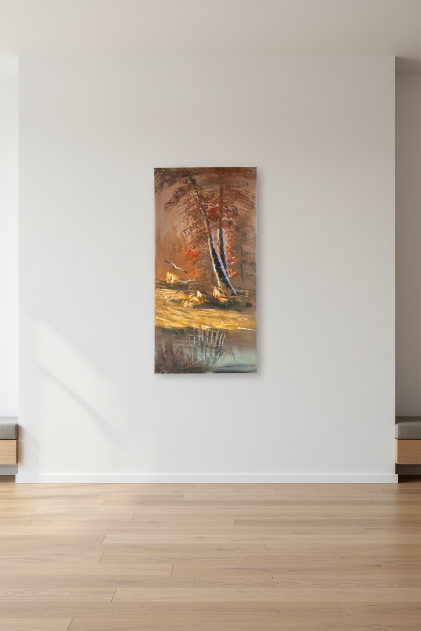 Autumn Forest Reflections oil painting on empty living room wall