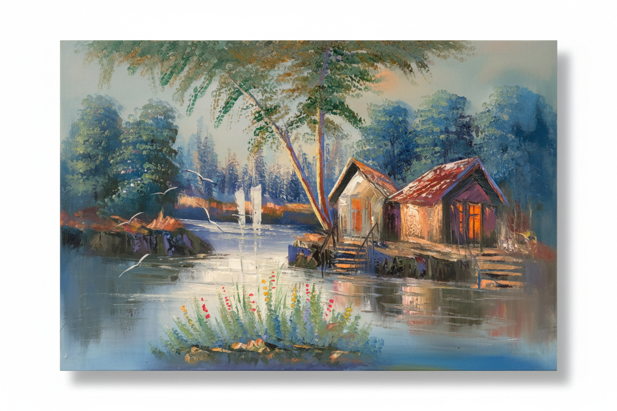 Original lakeside cabin oil painting isolated on white background with natural drop shadow, unframed canvas 35.43 by 23.62 inches
