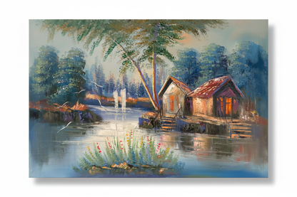 Original lakeside cabin oil painting isolated on white background with natural drop shadow, unframed canvas 35.43 by 23.62 inches