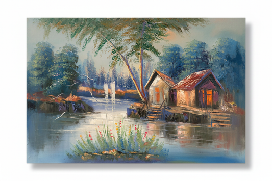 Original lakeside cabin oil painting isolated on white background with natural drop shadow, unframed canvas 35.43 by 23.62 inches