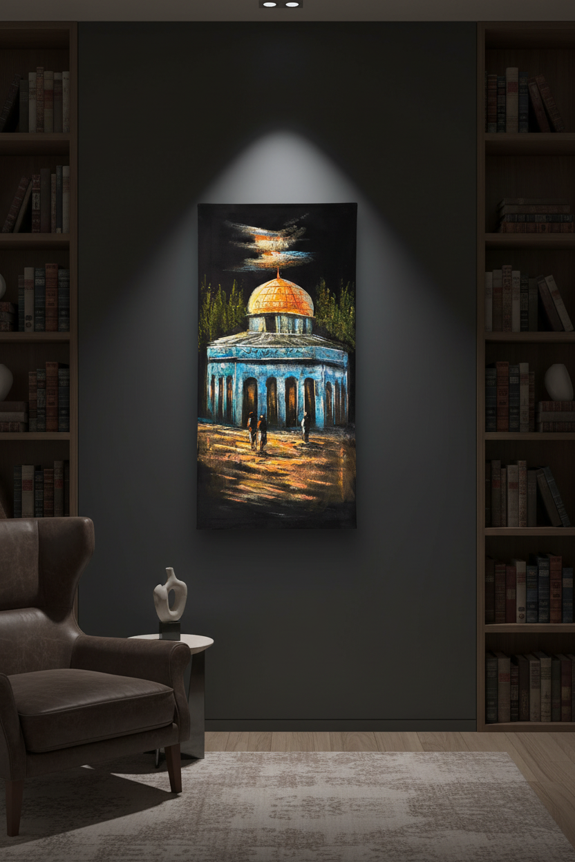 Original Dome of the Rock architectural painting displayed unframed on a dark charcoal gallery study wall