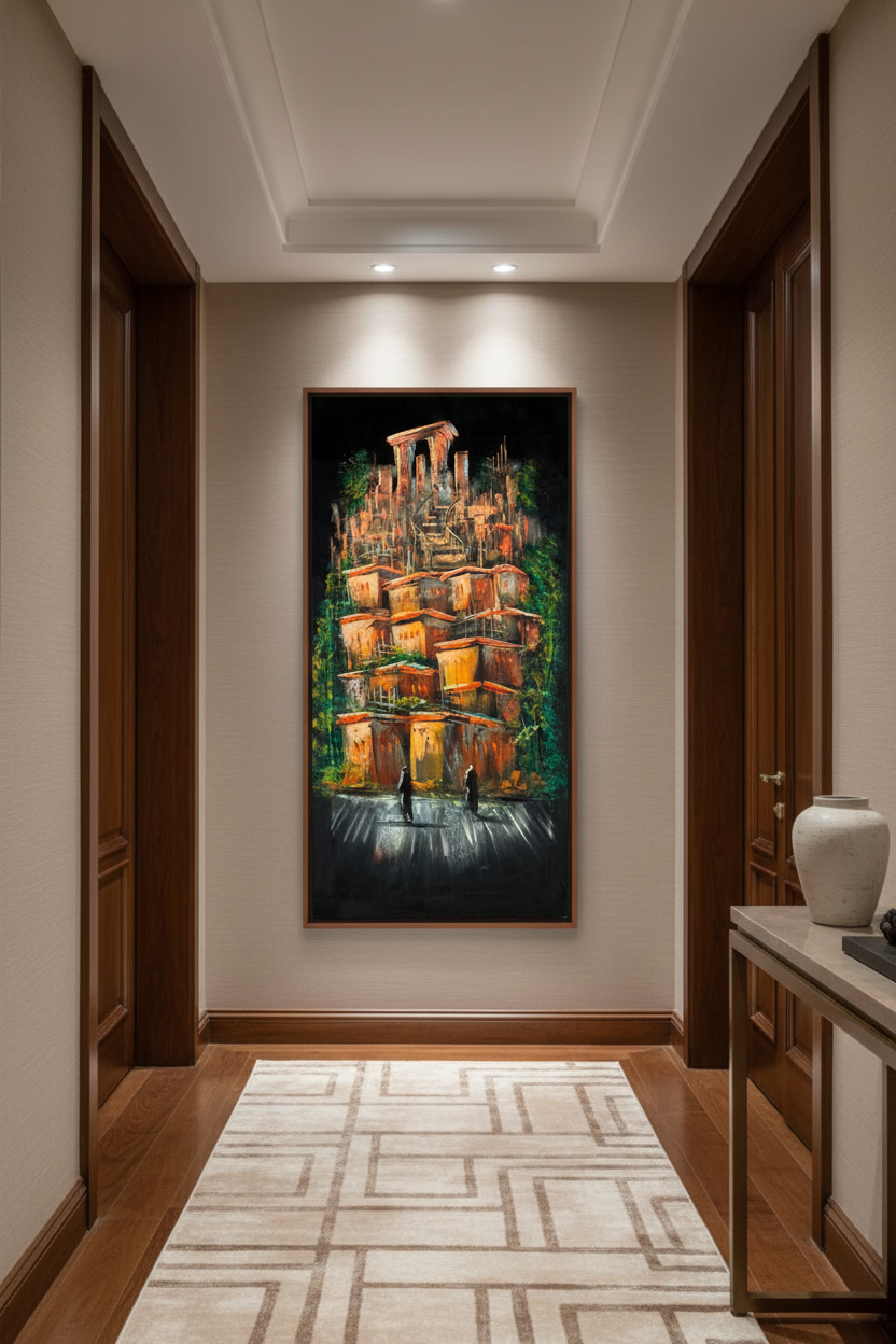Ancient terraced city painting displayed in elegant hallway interior