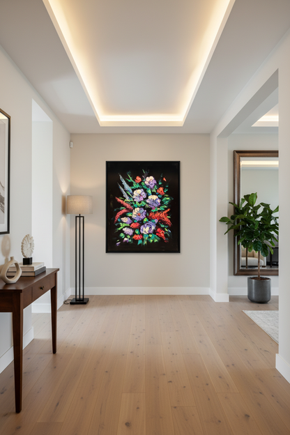 Vibrant floral bouquet impasto canvas art staged in a stylish home hallway