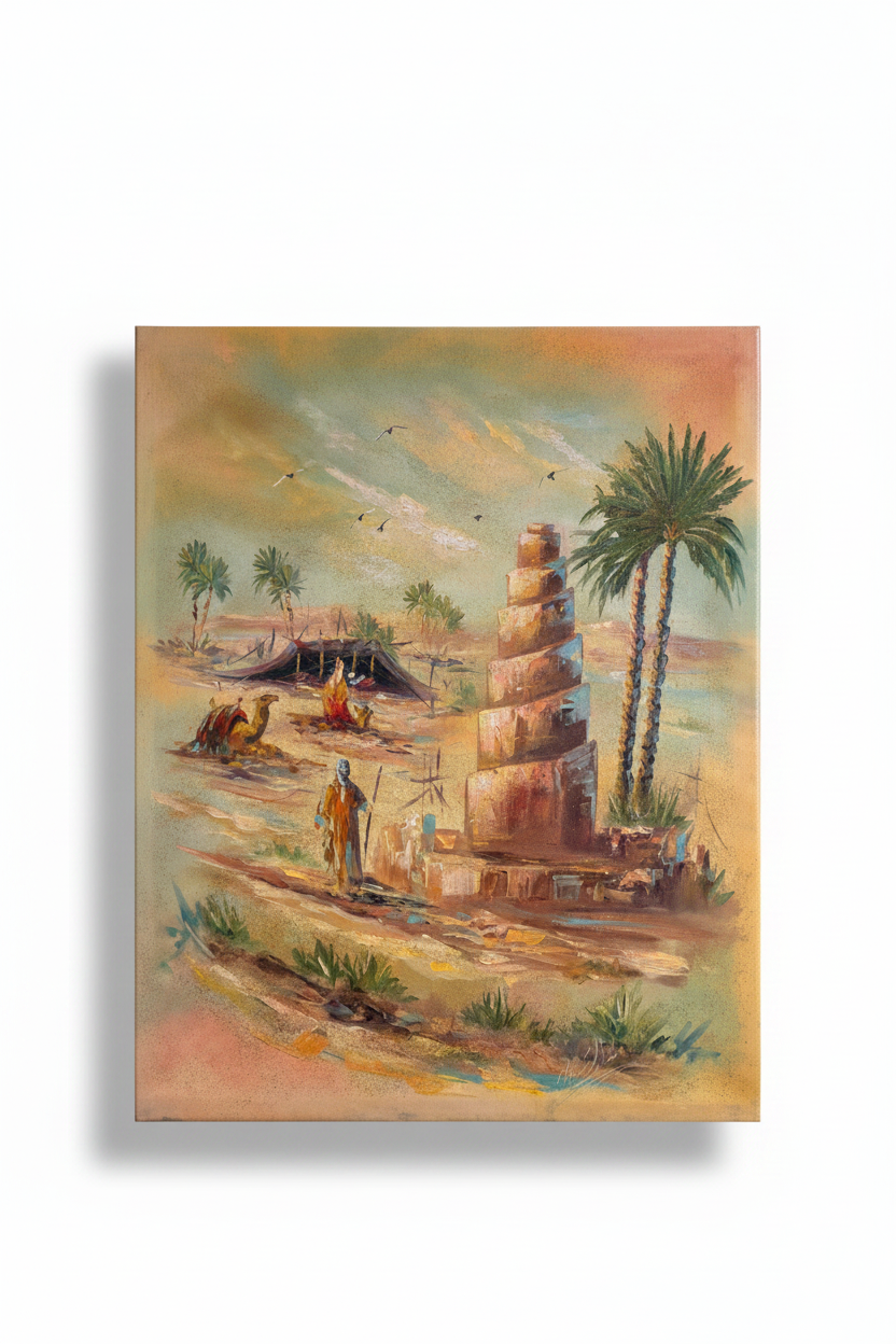 Ancient Desert Minaret oil painting on white background with shadow – studio presentation