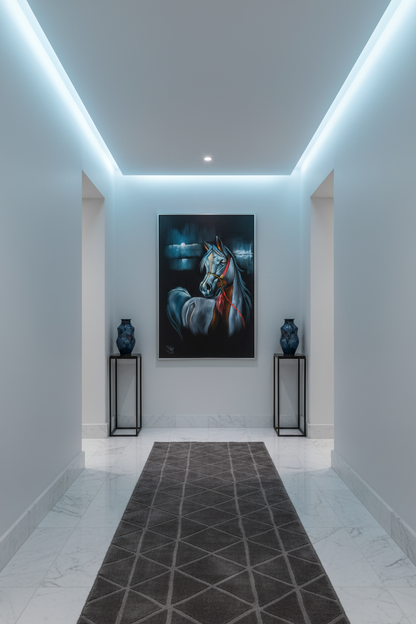 Moonlit grey Arabian horse portrait canvas art in upscale hallway — lifestyle interior mockup