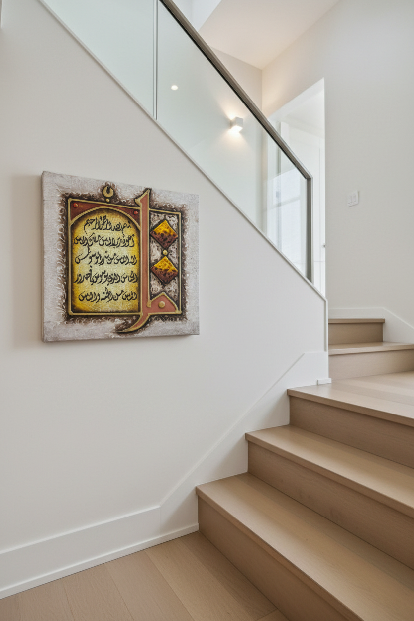 Surah Al-Nas Silver Edition calligraphy canvas mounted on staircase wall in modern home interior