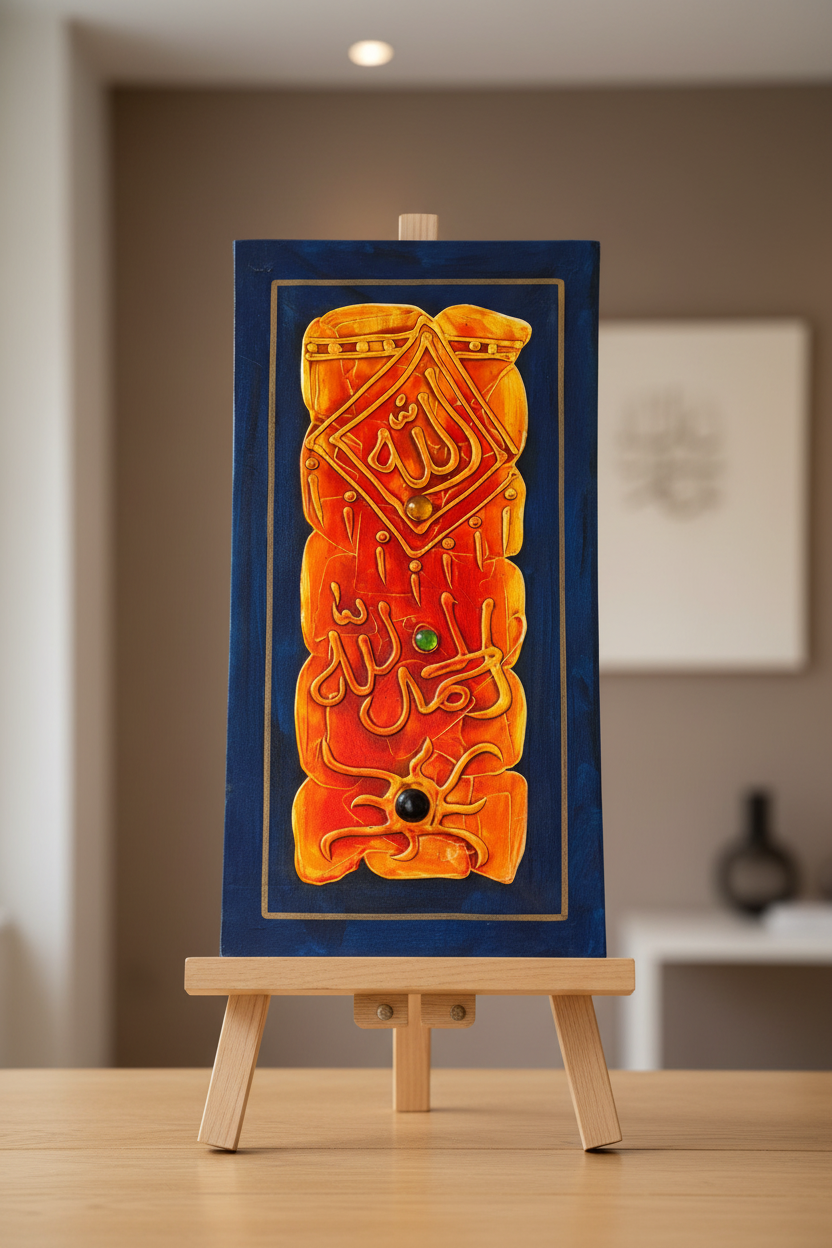 Islamic calligraphy navy blue orange canvas displayed on art stand